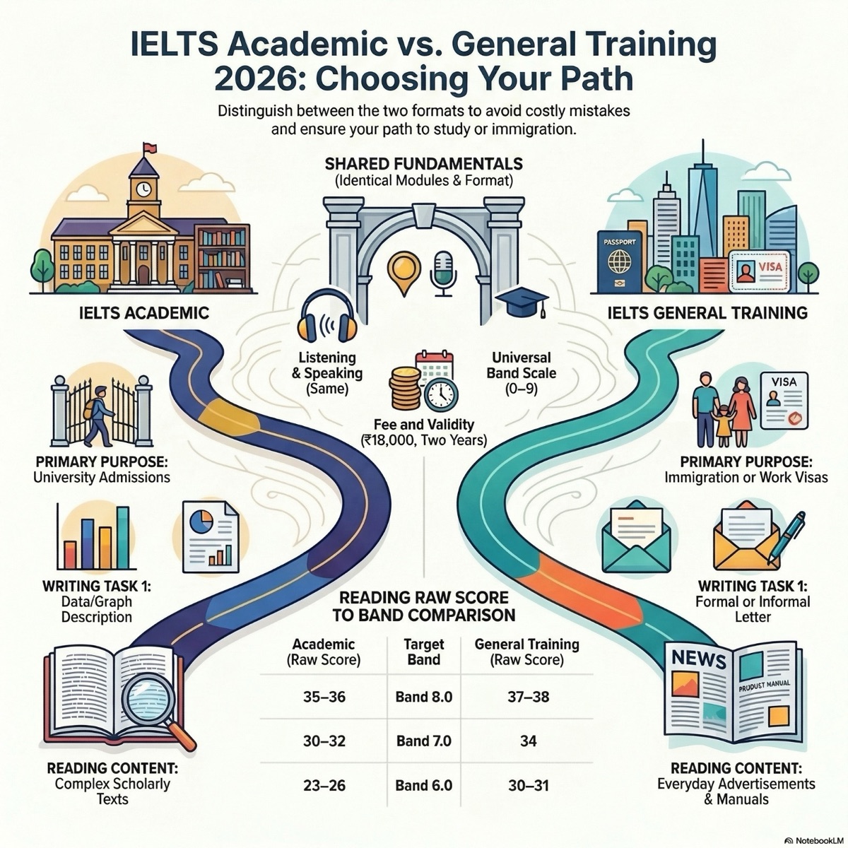 Comparison infographic: IELTS Academic vs General Training